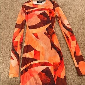 PrettyLittleThing Orange and Brown Abstract Long Sleeve Dress